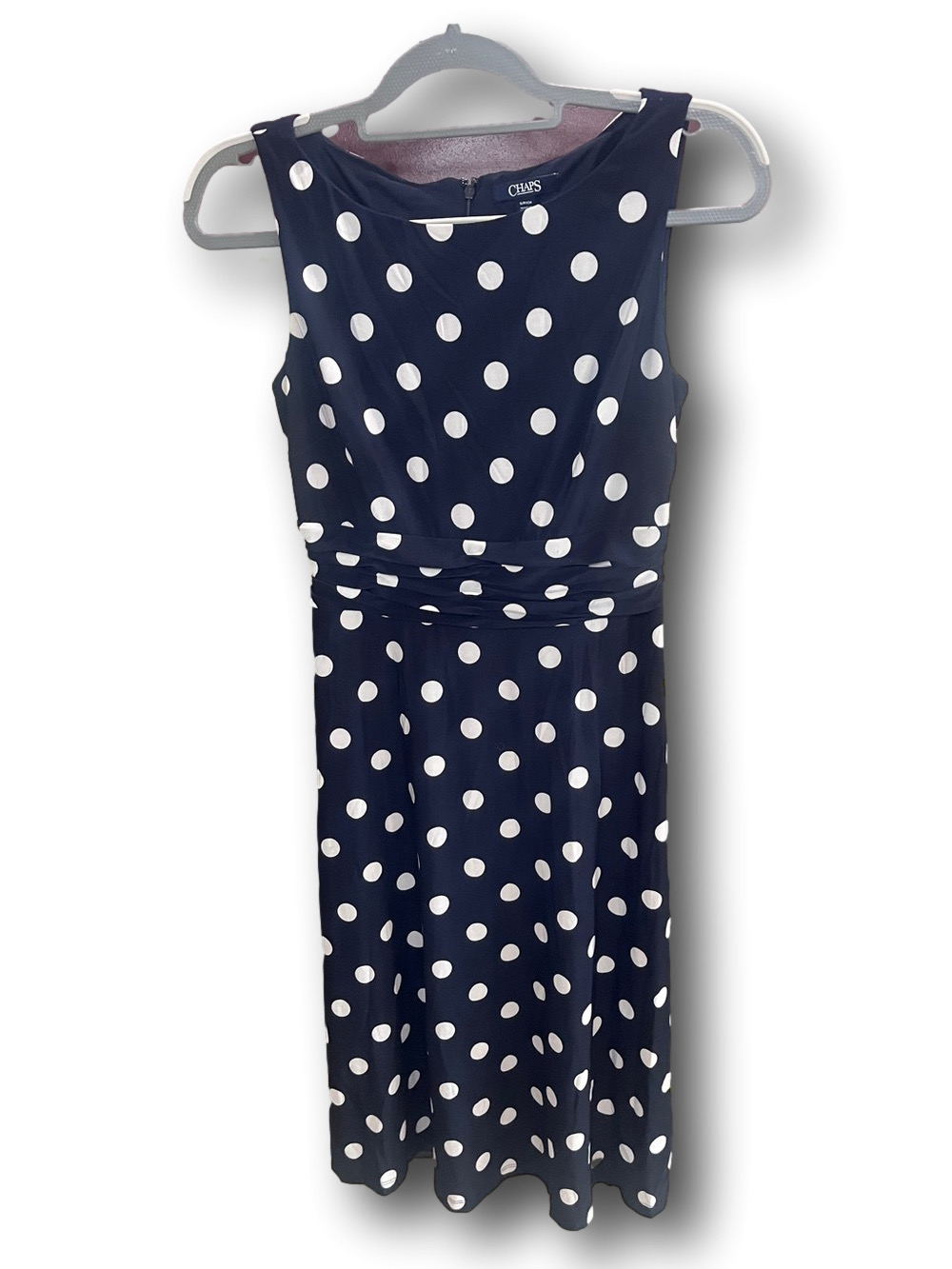 Chaps Navy and White Polka Dot Ruched Waist Midi Dress
